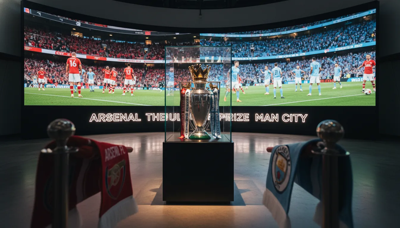 The Premier League trophy on display, symbolizing the ultimate goal for Arsenal and Man City.