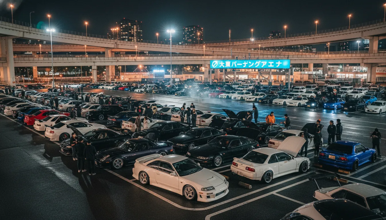 The vibrant car culture at Daikoku Parking Area at night