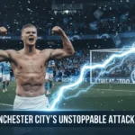 Erling Haaland celebrating a goal, symbolizing Manchester City's offensive power
