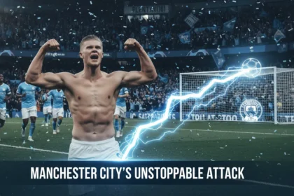 Erling Haaland celebrating a goal, symbolizing Manchester City's offensive power
