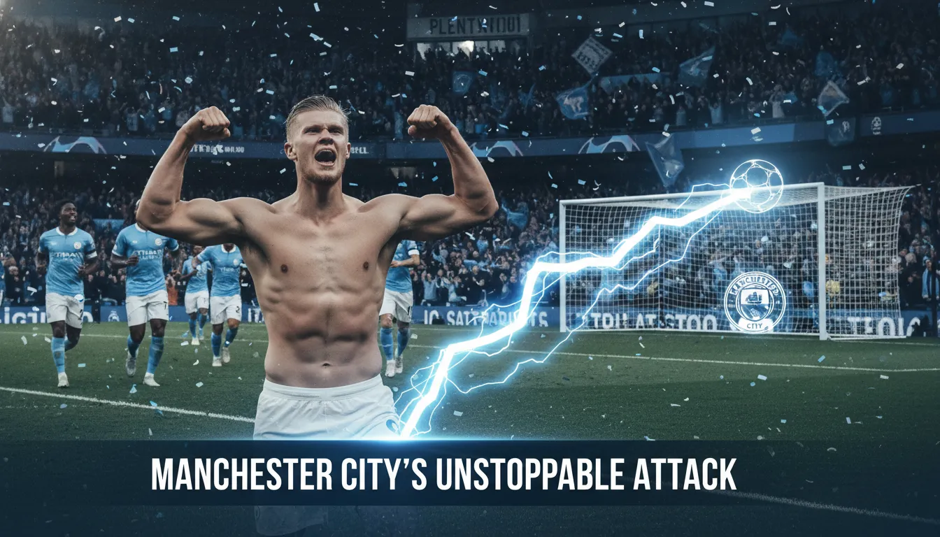 Erling Haaland celebrating a goal, symbolizing Manchester City's offensive power